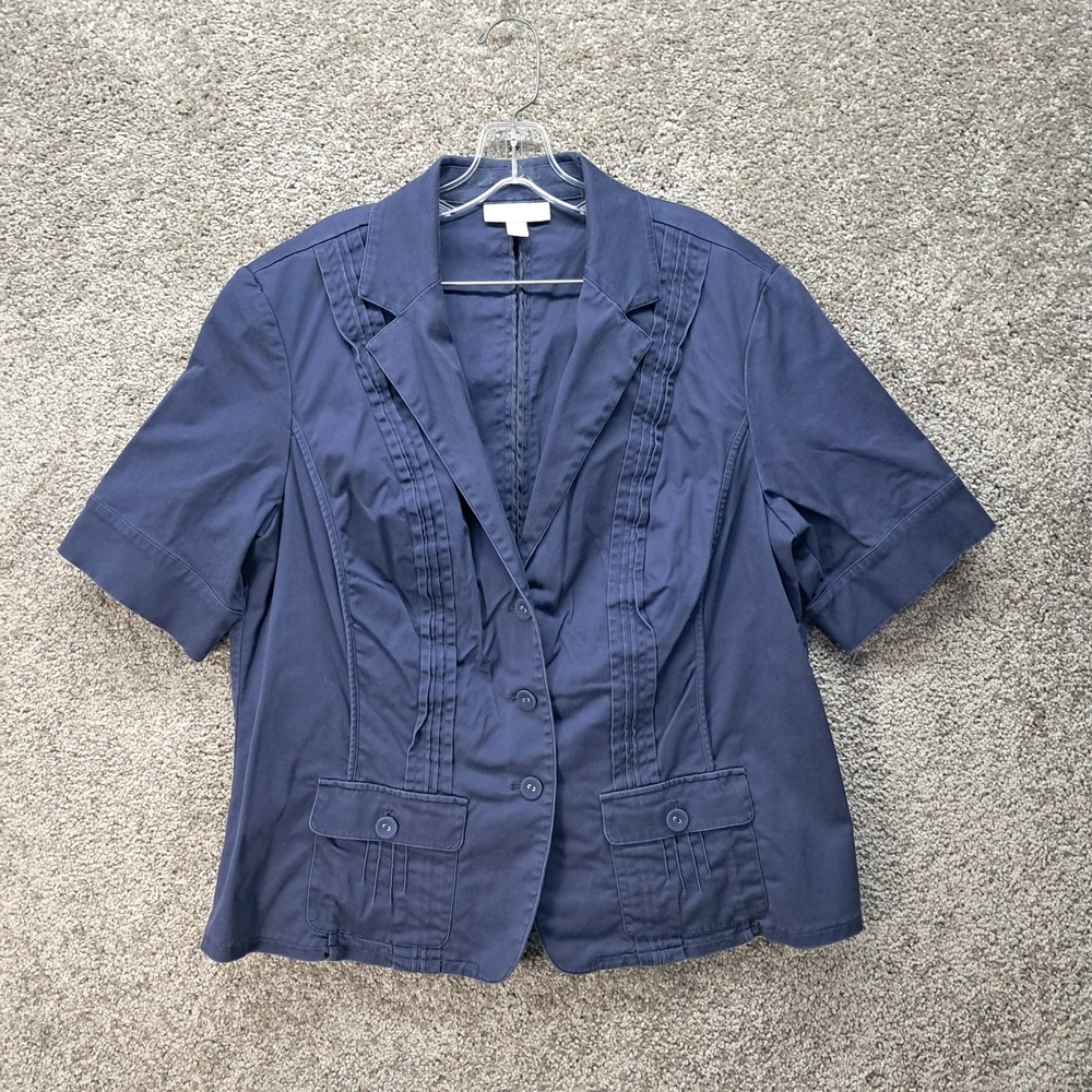 Coldwater Creek Womens Navy Blue Short Sleeve Pintuck Blazer Jacket W18 8120
